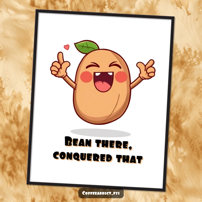 Funny Free Printable Wall Art: Whole coffee bean character doing a triumphant roar, perfect bold coffee decor.