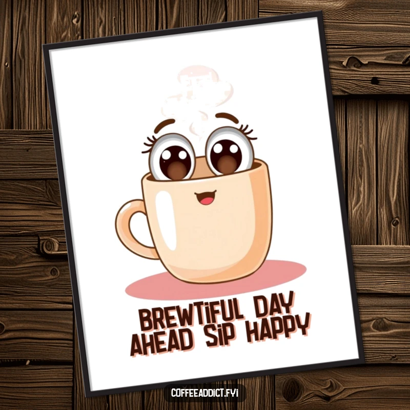 Funny Free Printable Wall Art: Steaming coffee mug with wide happy eyes, floating upwards, bringing joy and energy.