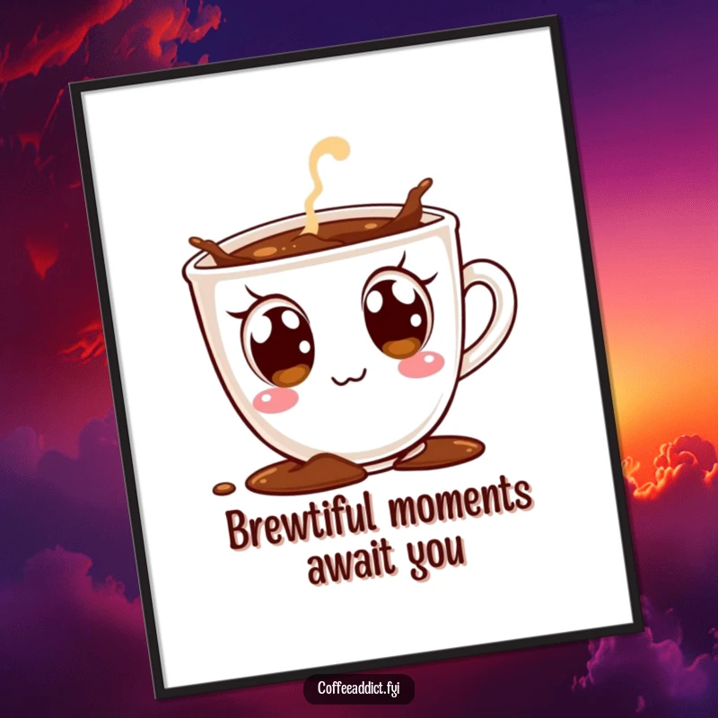 Funny Free Printable Wall Art: A coffee cup character with gigantic, eager eyes is spilling enthusiastically.