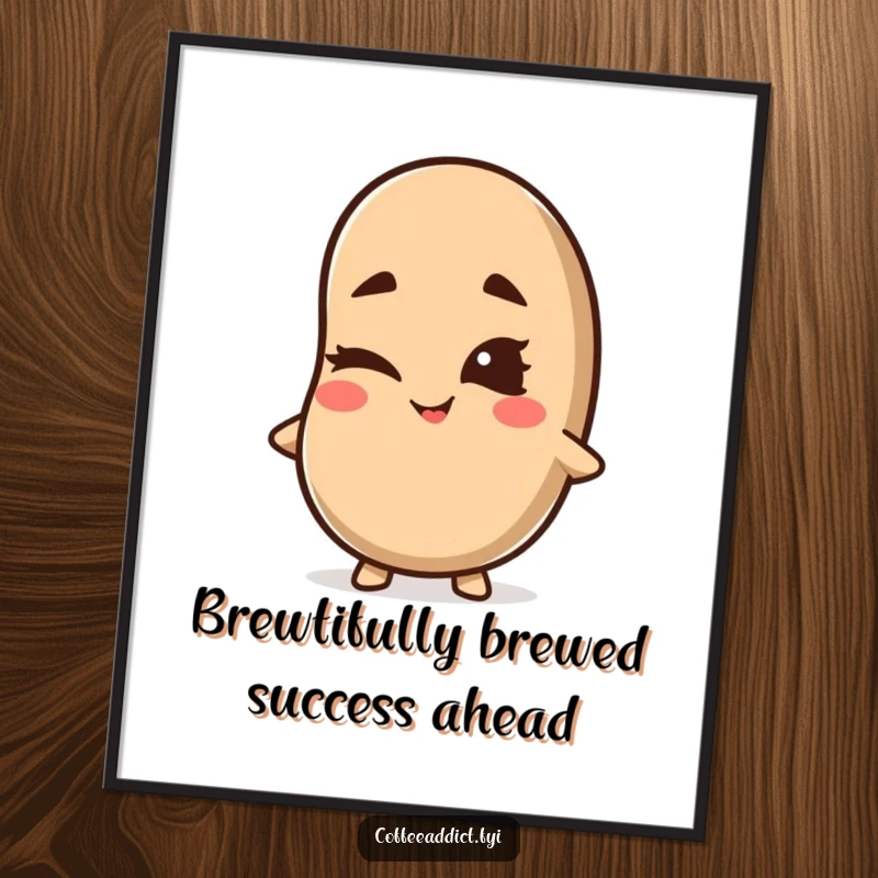 Funny Free Printable Wall Art: Kawaii coffee bean character winking with a mischievous grin, adding playful charm.