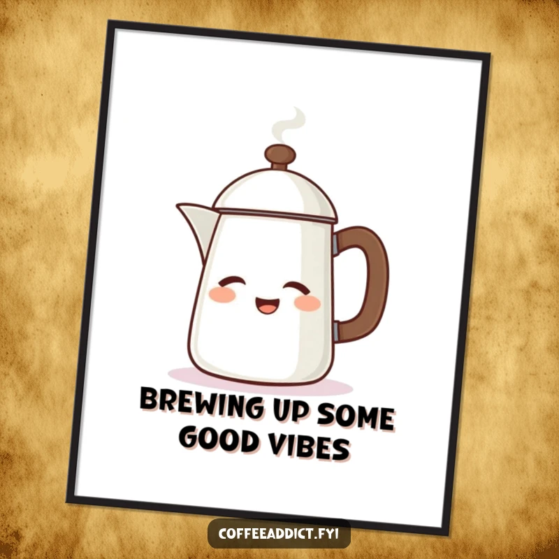Funny Free Printable Wall Art: A cheerful coffee pot character energetically winking, steam rising playfully, creating a lively and humorous image.