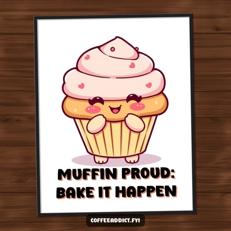 Funny Free Printable Wall Art: Kawaii muffin character doing a pleased little bow, adding sweet charm to the wall.