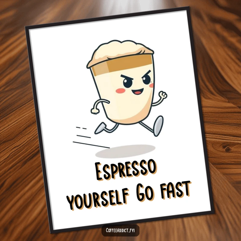 Funny Free Printable Wall Art: A determined espresso shot character with tiny legs running at top speed with determination.