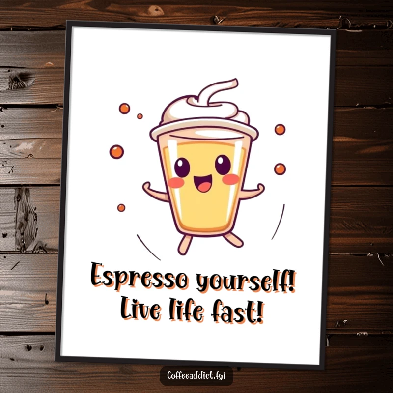 Funny Free Printable Wall Art of a kawaii espresso shot character in a blur of motion, radiating excitement.