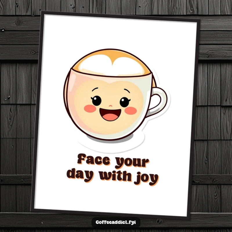 Funny Free Printable Wall Art: Kawaii latte art character forming a cheerful smiley face in a coffee cup, radiating happiness.