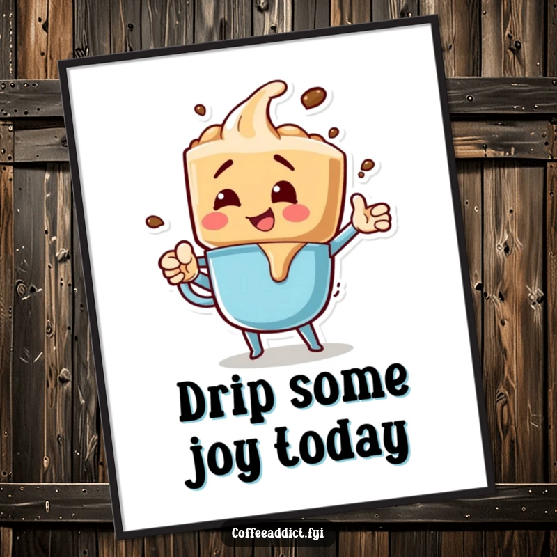 Funny Free Printable Wall Art: A coffee drip character strikes an exciting, bubbly pose with effervescent flair. Playful downloadable decor.