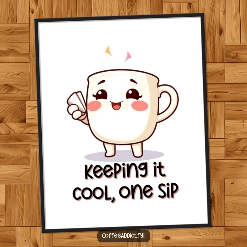 Funny Free Printable Wall Art: A cheerful coffee mug character with rosy cheeks dramatically fanning itself with a smile.