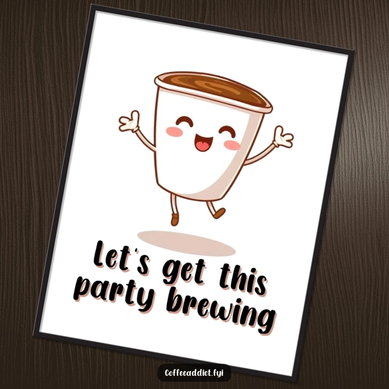 Funny Free Printable Wall Art: A coffee cup character with tiny legs executing a joyful, energetic dance move. Quirky downloadable kitchen decor.