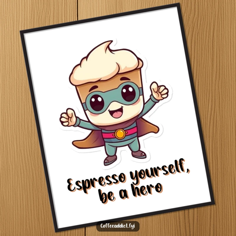 Funny Free Printable Wall Art: An espresso shot character striking a tiny heroic pose, humorous downloadable art.