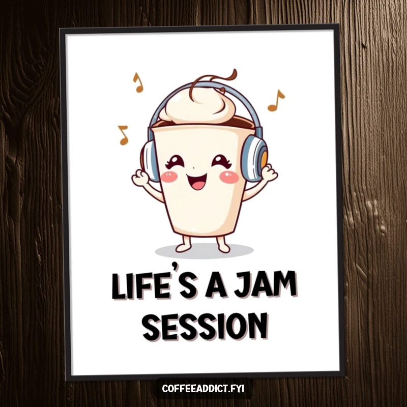 Funny Free Printable Wall Art: A smiling coffee cup wearing tiny headphones, grooving to music, adding a fun vibe to any space.