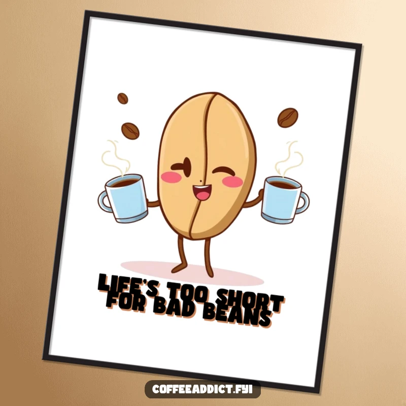 Funny Free Printable Wall Art: A coffee bean winks with a flourish, juggling several steaming mugs with skill.