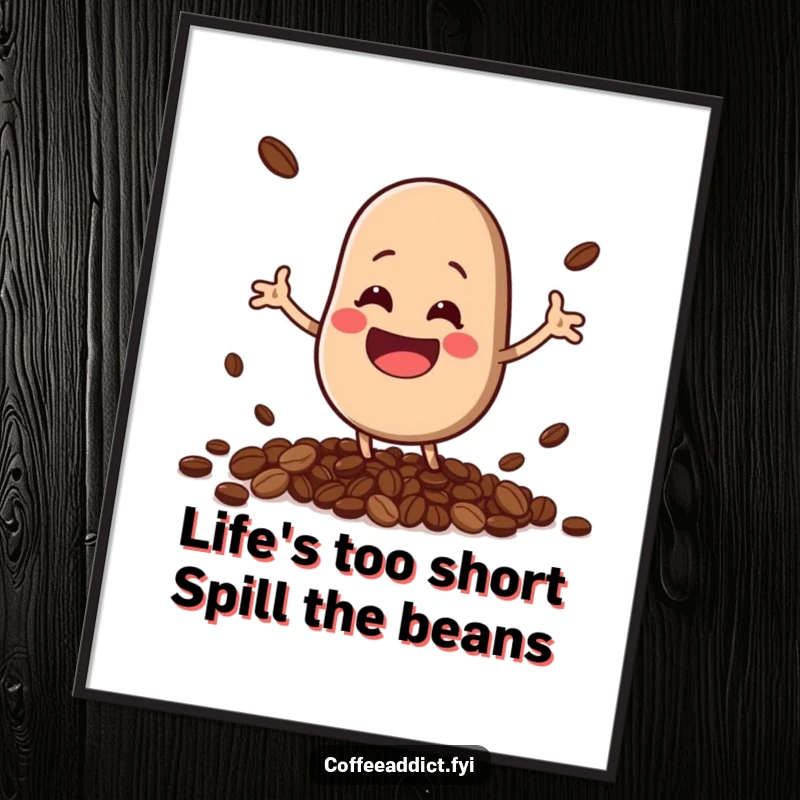 Funny Free Printable Wall Art: Bouncing kawaii coffee bean character with a huge grin, joyfully spilling beans.