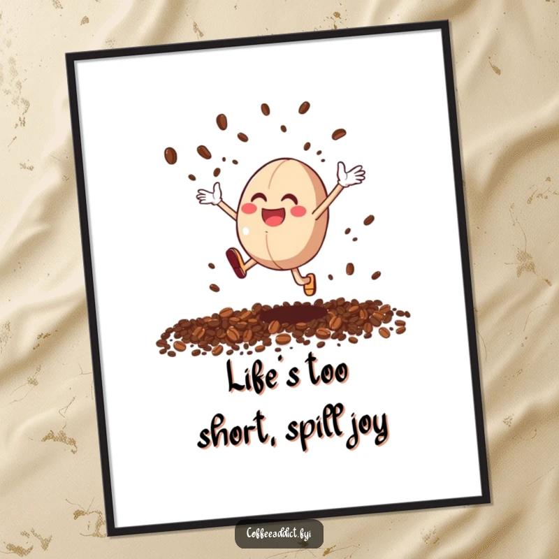 Funny Free Printable Wall Art: Coffee Bean Character Joyfully Leaping, Scattering Coffee Grounds Like Energetic Confetti