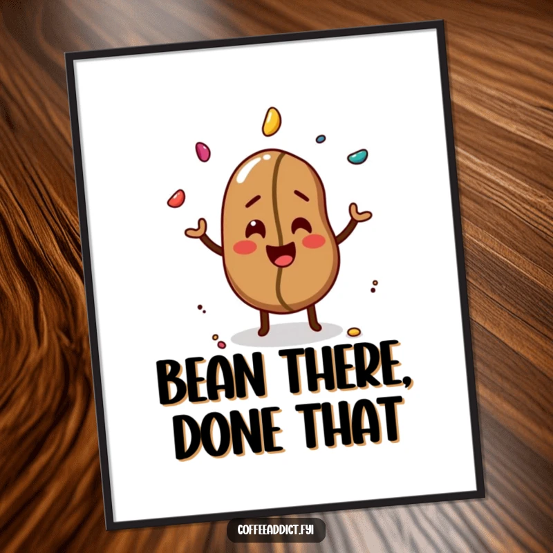 Funny Free Printable Wall Art: A giggling coffee bean expertly juggles three colorful sprinkles with a joyful expression.