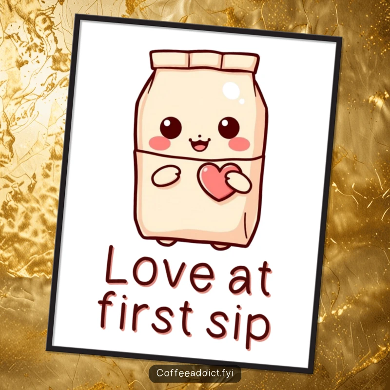 Funny Free Printable Wall Art: Kawaii coffee bag character peeking out, holding a small, winking heart, radiating warmth and charm.