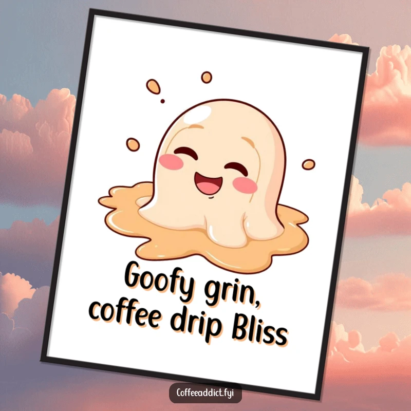 Funny Free Printable Wall Art: A coffee puddle character with an enormous, goofy grin spreads out, creating unique downloadable decor.
