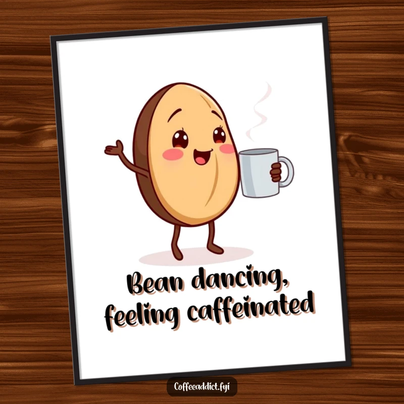 Funny Free Printable Wall Art: Cheerful Coffee Bean Doing a Little Dance Beside Steaming Mug