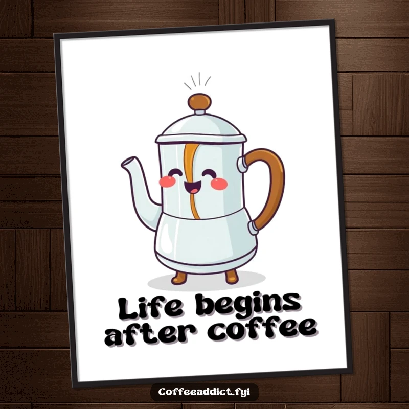 Funny Free Printable wall art of a steaming coffee pot character pouring a stream of joyfully dancing coffee, a humorous downloadable gift.