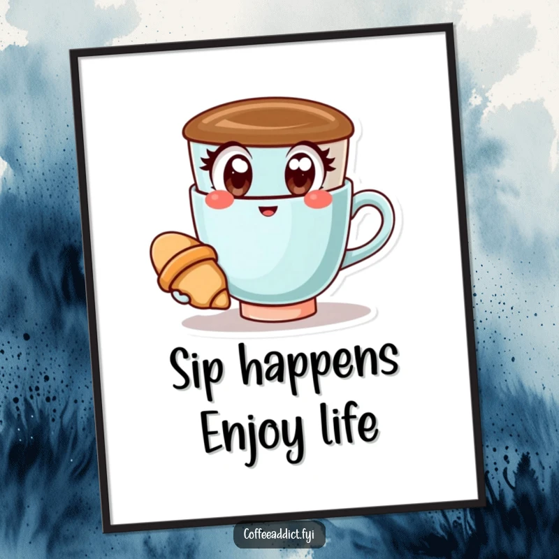 Funny Free Printable Wall Art: Kawaii coffee cup with wide, happy eyes, holding a tiny croissant, radiating happiness.