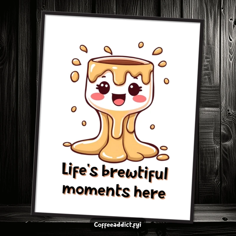 Funny Free Printable Wall Art of a kawaii coffee drip character creating a cheerful, bubbly cascade, perfect for kitchen or office.