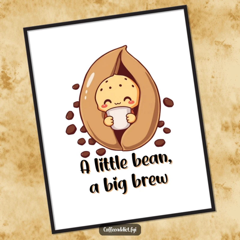 Funny Free Printable Wall Art: Shy Muffin Peeking Behind Giant Coffee Bean, Holding Tiny Cup