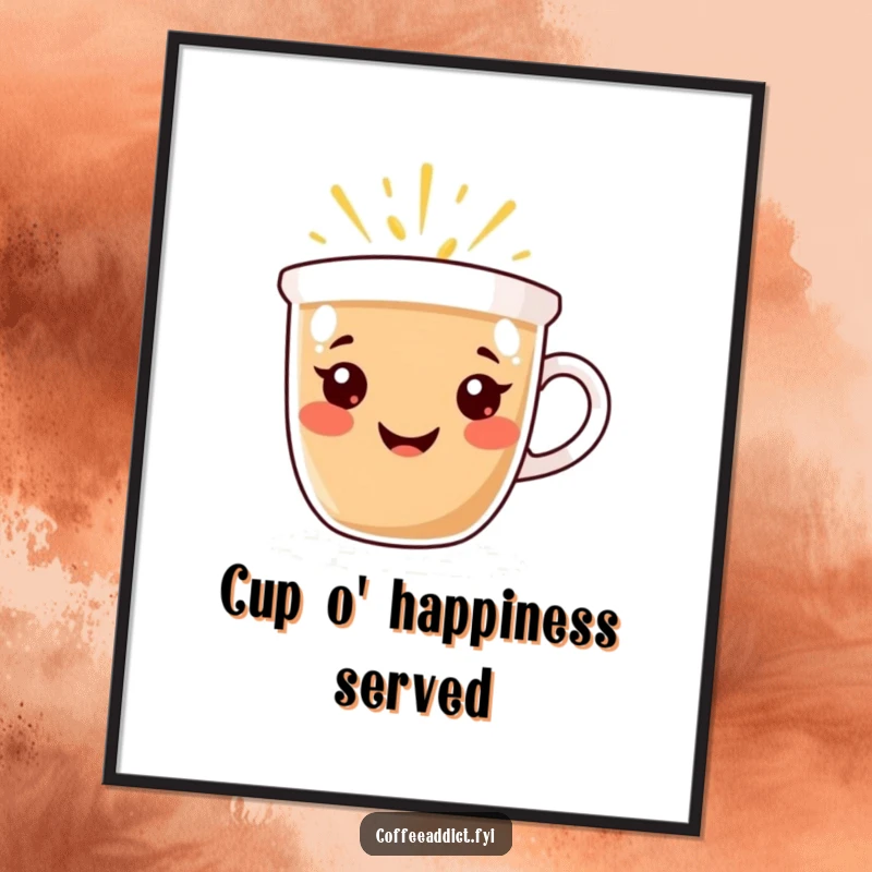 Funny Free Printable wall art of a coffee cup character with a radiant smile, emanating warmth and happiness, a cheerful downloadable gift.
