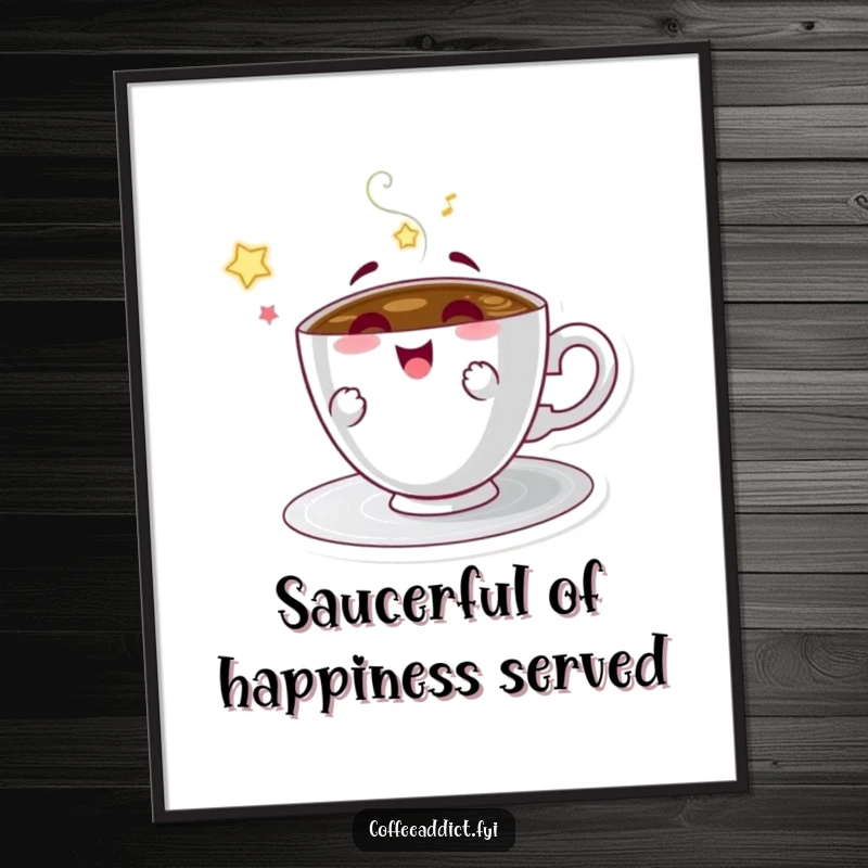 Funny Free Printable Wall Art: Coffee saucer character spinning with delight, perfect quirky coffee lover decor.