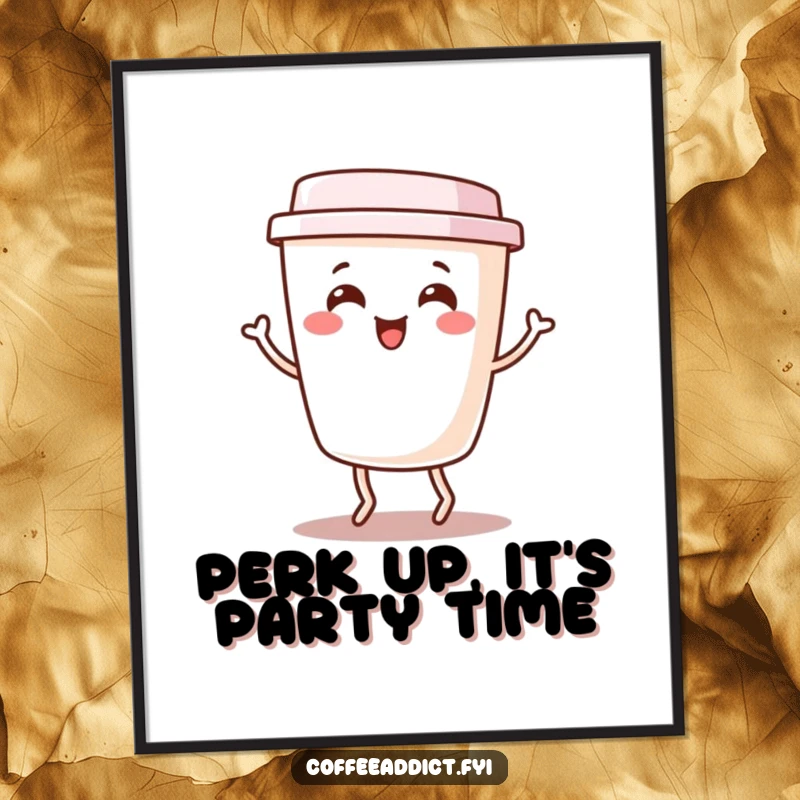 Funny Free Printable Wall Art: Kawaii coffee cup character doing a happy jig, an energetic and humorous piece.