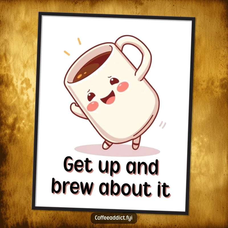 Funny Free Printable Wall Art: A coffee mug does an enthusiastic somersault, radiating pure happiness.