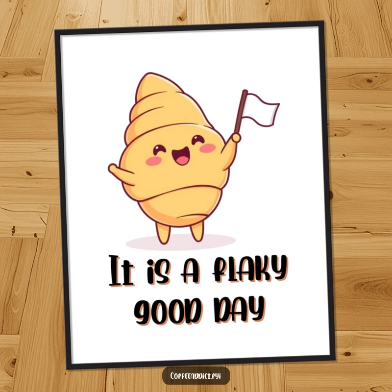 Funny Free Printable Wall Art: A croissant cheers and waves a tiny flag with pure delight, adding a festive touch.