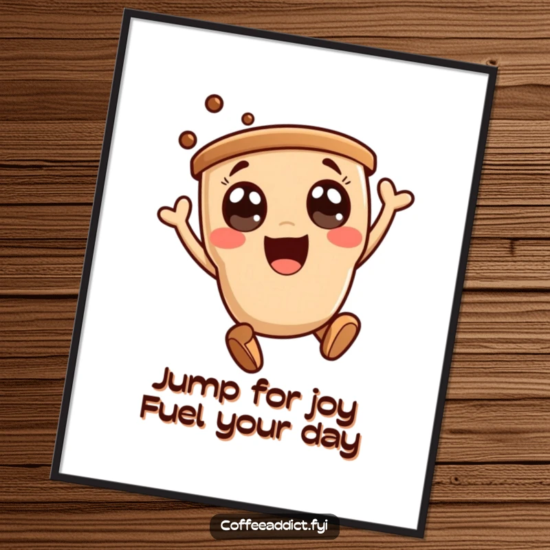 Funny Free Printable Wall Art: A kawaii coffee character with thrilled eyes executes an excited leap, inspiring vibrant downloadable decor.