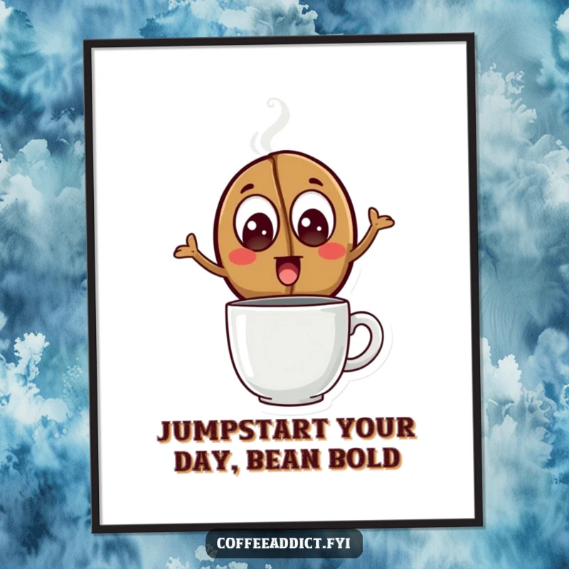 Funny Free Printable Wall Art: An excited coffee bean character leaps dynamically over a steaming mug, full of energy.