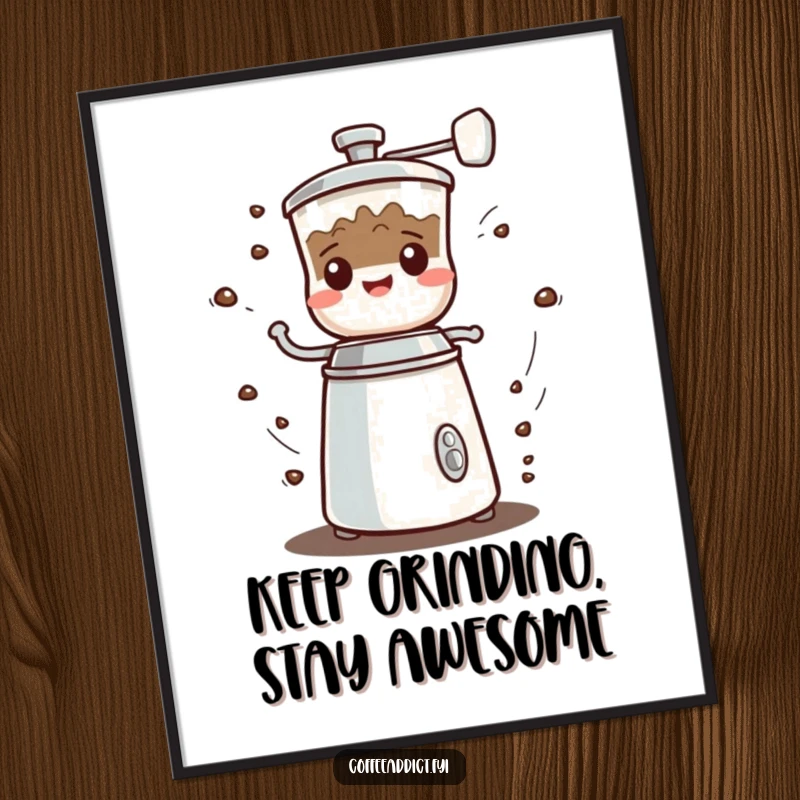 Funny Free Printable Wall Art: Kawaii coffee grinder character spinning rapidly with a cheerful grumbling sound, energetic and fun.