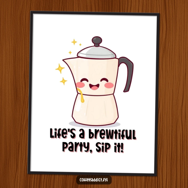 Funny Free Printable Wall Art of a kawaii coffee pot character laughing gleefully while pouring a stream of sparkling liquid.