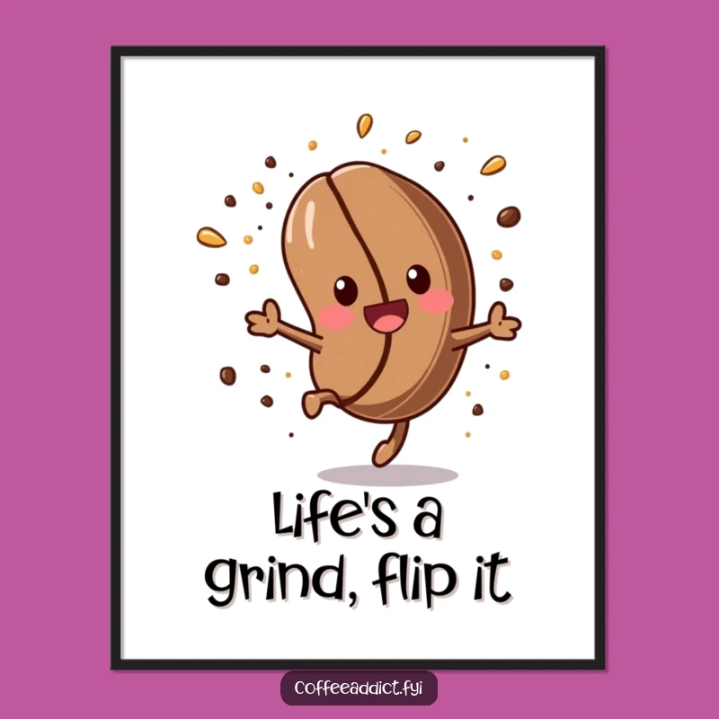 Funny Free Printable Wall Art: Energetic Kawaii Coffee Bean Somersault, Downloadable Decor