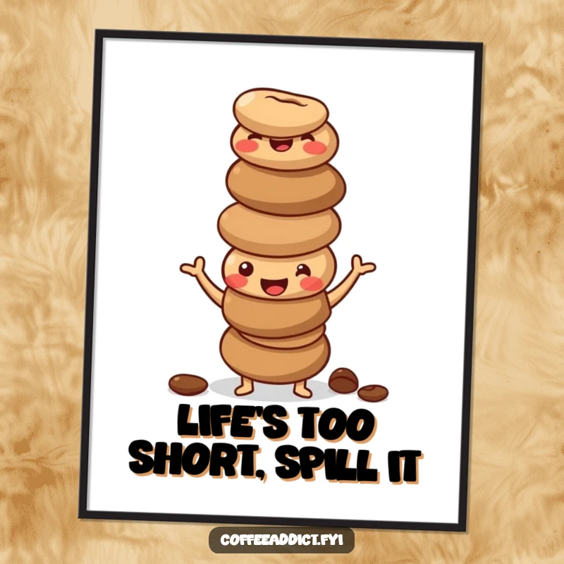 Funny Free Printable Coffee Bean Wall Art: A stack of happy coffee beans energetically striking a comical, wobbly pose.