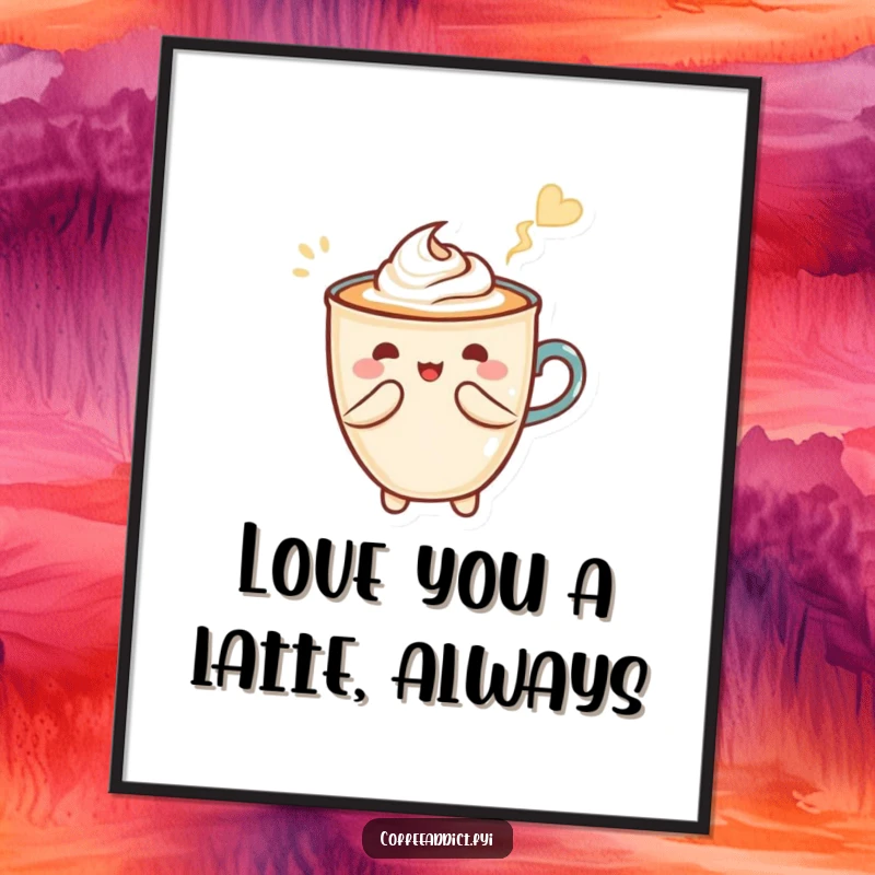 Funny Free Printable wall art featuring a Kawaii latte art character creating a perfect heart shape with a flourish.