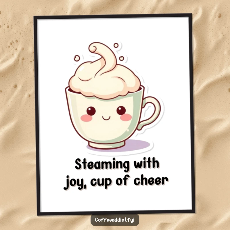 Funny Free Printable Wall Art: Kawaii teacup with a steam cloud forming a happy face, a downloadable piece of cozy and cheerful art.
