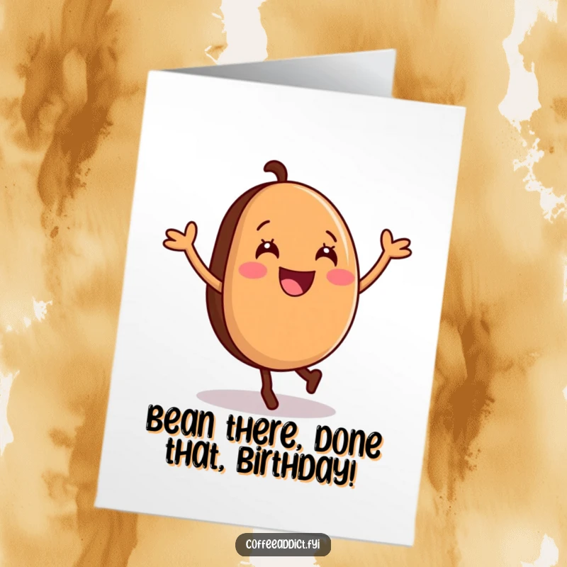 Funny Free Printable Birthday Card: A smiling coffee bean with tiny limbs does a joyful cartwheel, celebrating a birthday.