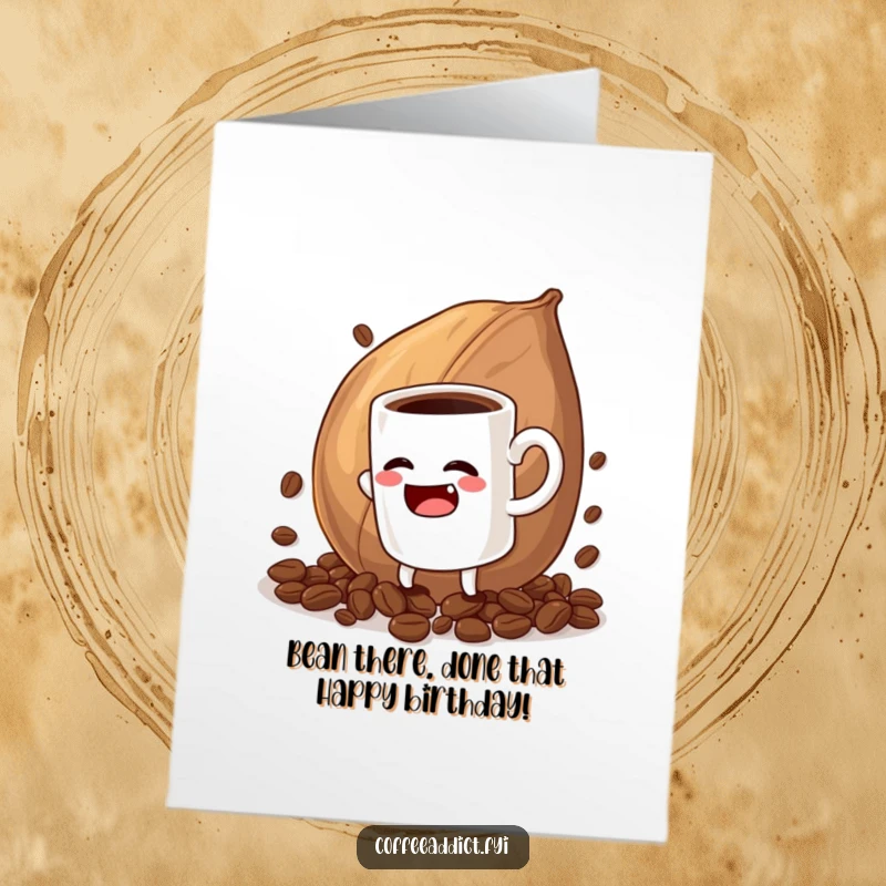 Funny Free Printable Birthday Card featuring a cartoon coffee mug pretending to wrestle a massive coffee bean, full of comedic struggle.