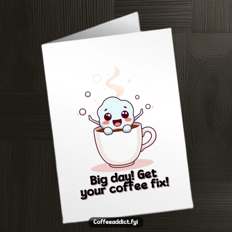 Funny Free Printable Happy Birthday Card featuring a kawaii coffee molecule character bursting excitedly from a steaming cup.