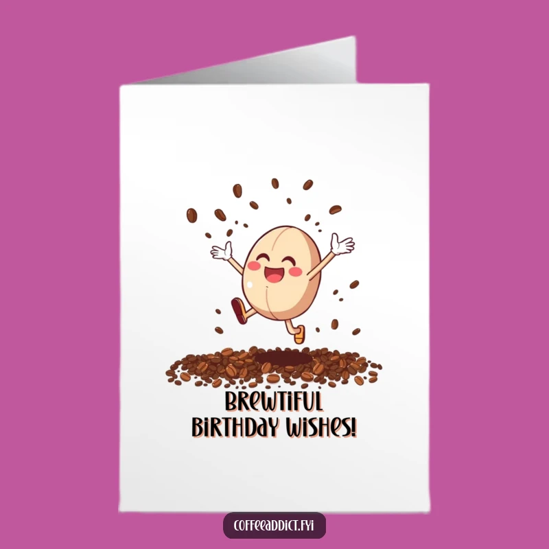 Free Printable Birthday Card: Joyful Coffee Bean Leaping Downloadable Greeting for a Celebratory Brew