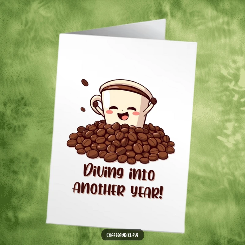 Funny Free Printable birthday card featuring a coffee cup character doing a comical faceplant into coffee beans, a hilarious downloadable gift.