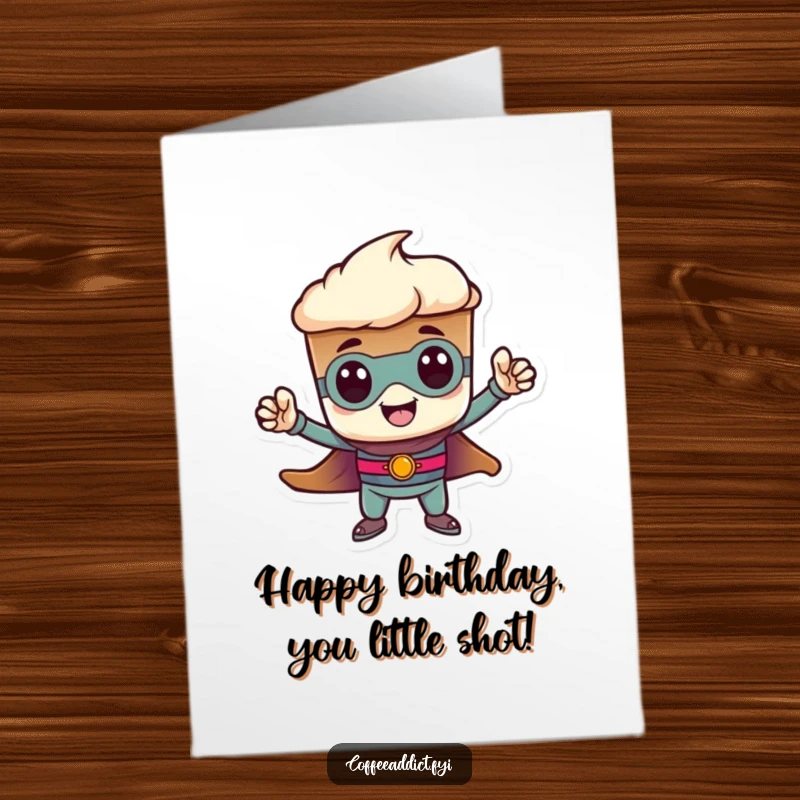 Funny Free Printable Birthday Card: An espresso shot character in a tiny heroic pose, perfect downloadable gift.