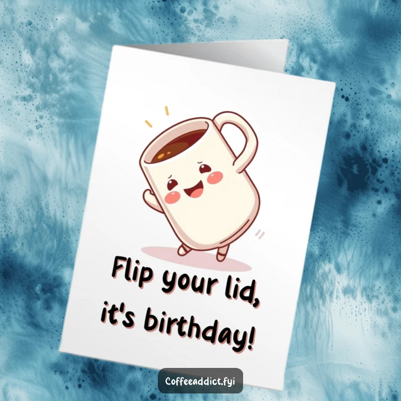 Funny Free Printable Birthday Card: A cheerful coffee mug is captured mid-somersault with joyful abandon.