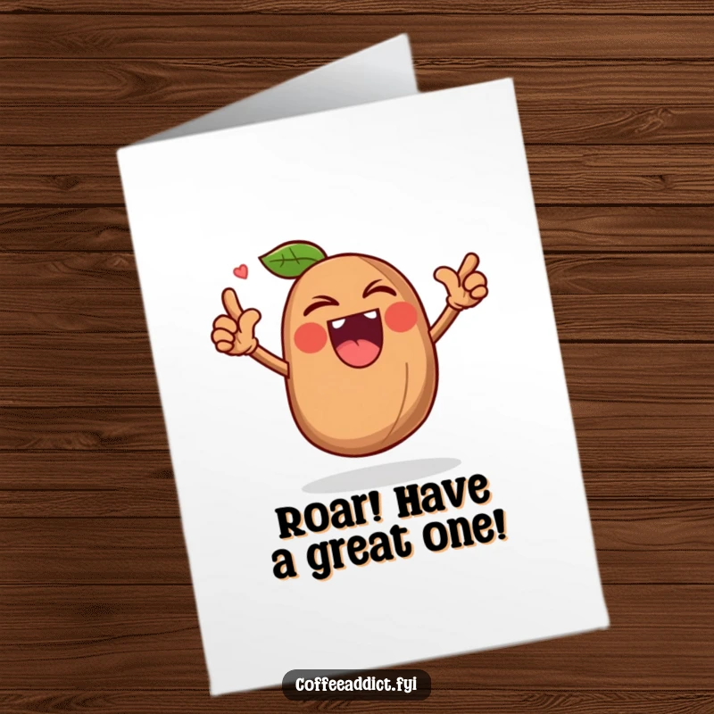 Funny Free Printable Birthday Card: Whole coffee bean character doing a triumphant roar, perfect birthday gift.