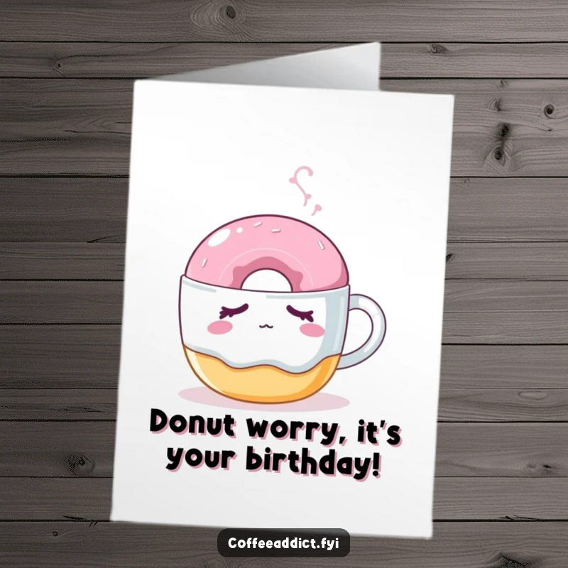 Funny Free Printable Birthday Card: A sleepy donut with droopy eyes is nudged by a steaming mug, wishing a happy birthday.