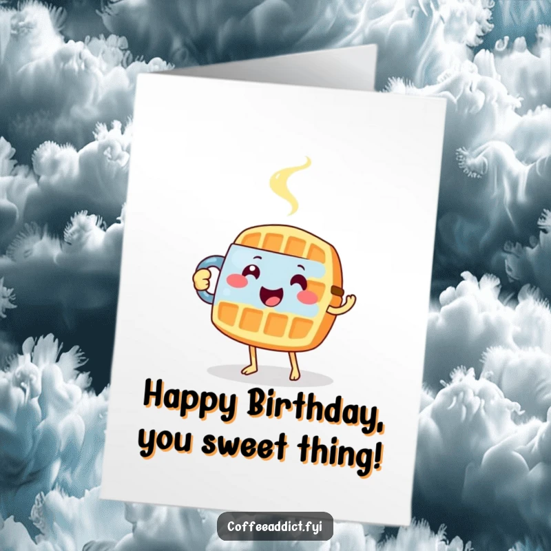 Funny Free Printable Birthday Card: A happy waffle tiptoes carefully with a steaming mug, wishing a sweet birthday.