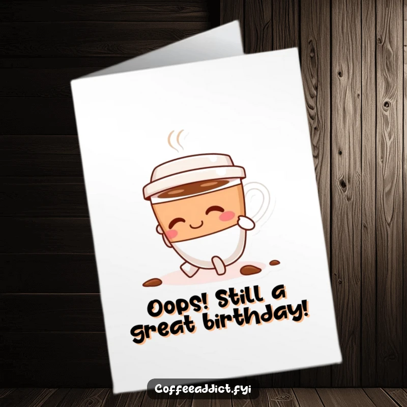 Funny Free Printable Birthday Card: Coffee cup character tripping but smiling and dusting itself off.