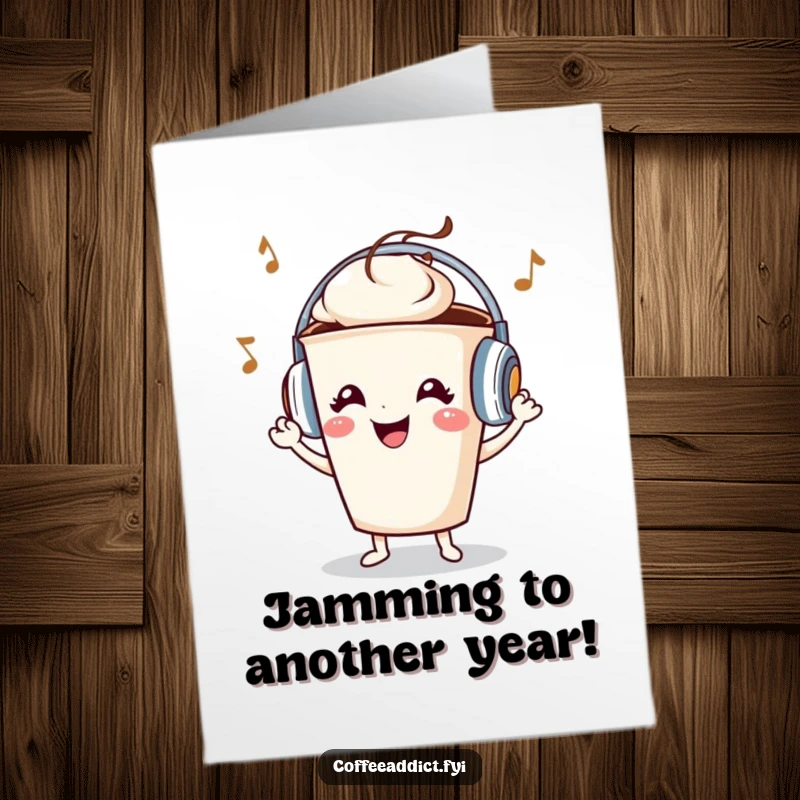 Funny Free Printable Birthday Card: A smiling coffee cup with tiny headphones enthusiastically dancing and grooving to unheard tunes.